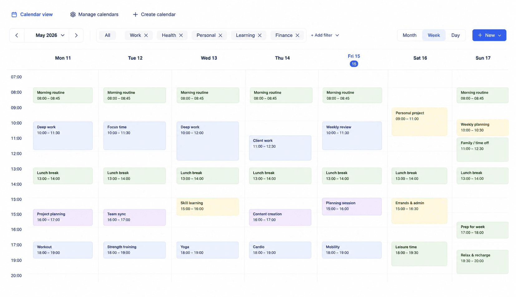 LifeOrg Base calendar showing daily planner with tasks, priorities, and recurring routines