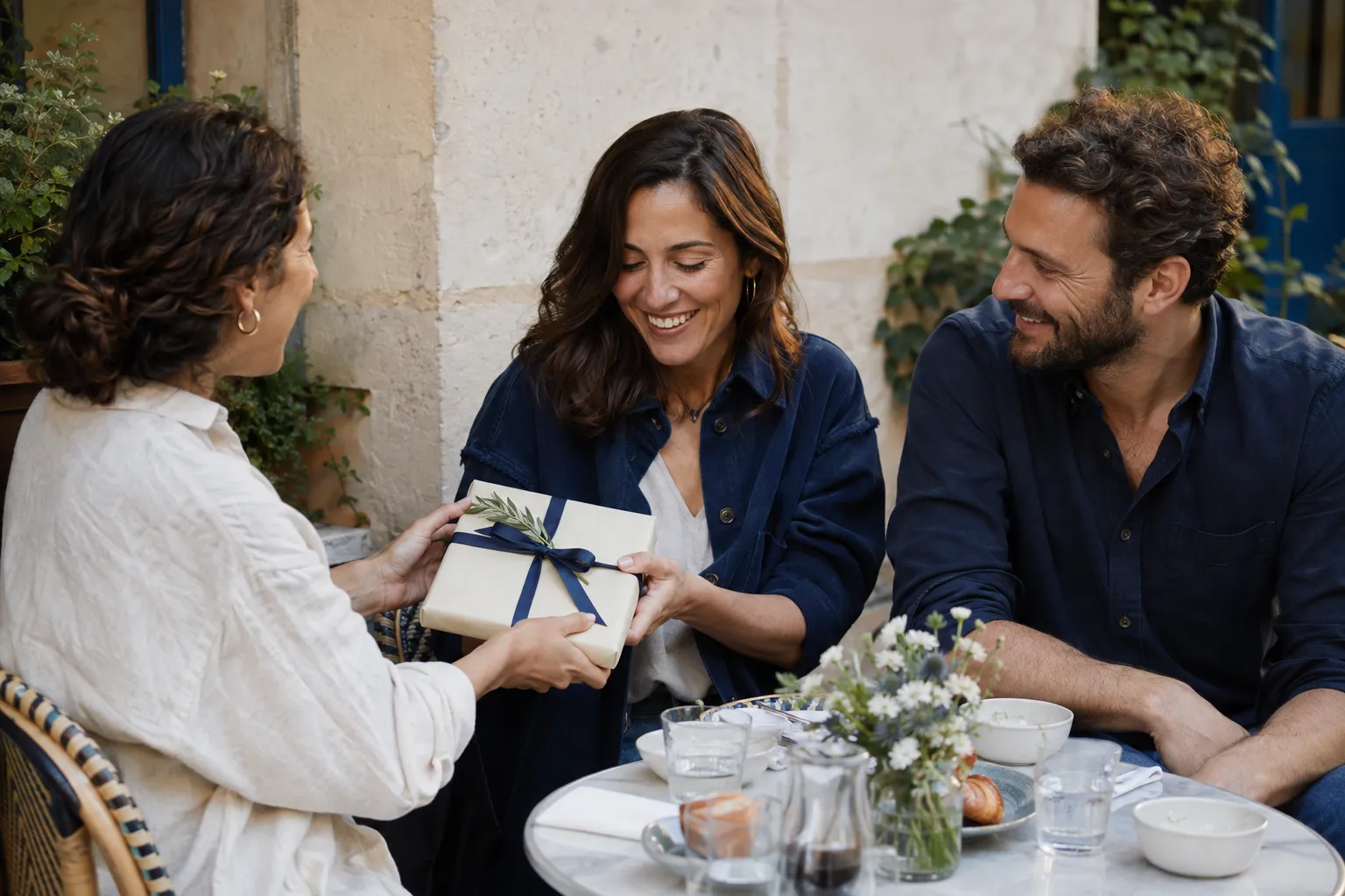 Friends sharing a gift at a sunny terrace table