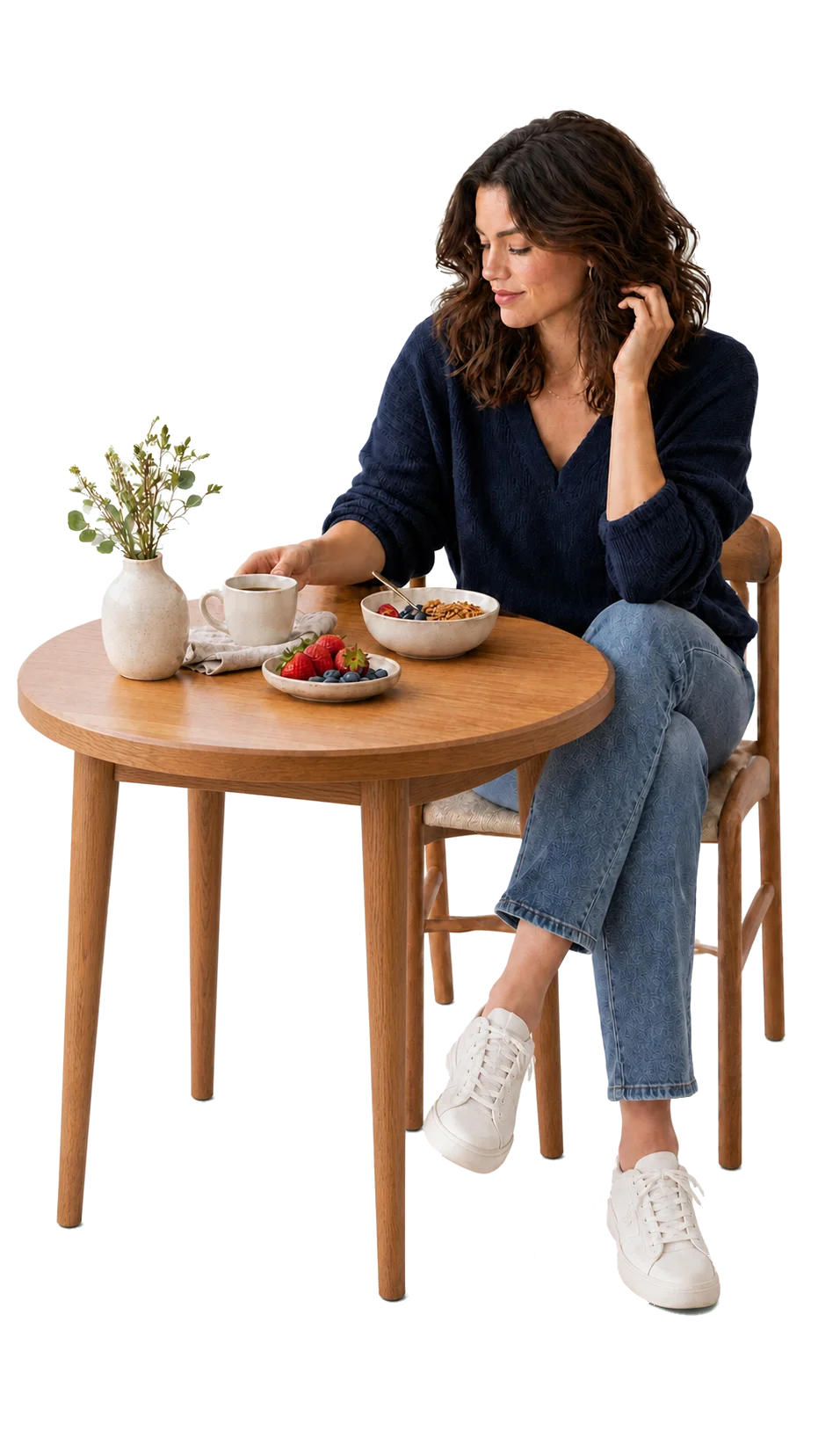 A woman with coffee and breakfast at a round wooden table — a complete illustrative everyday scene