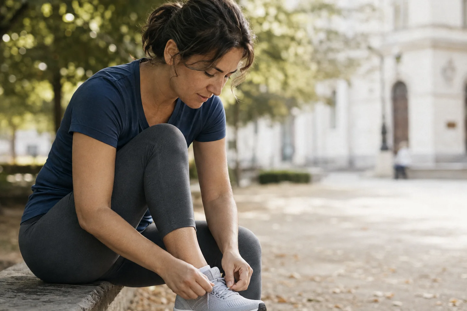 Illustrative active day: a woman tying her running shoe after exercise
