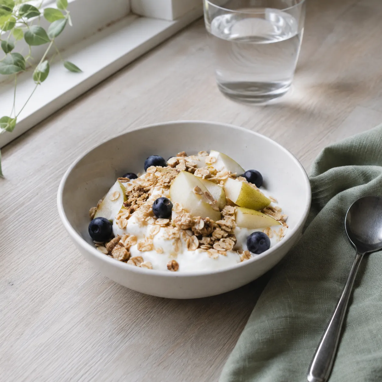 Yoghurt, granola, pear and berries for breakfast
