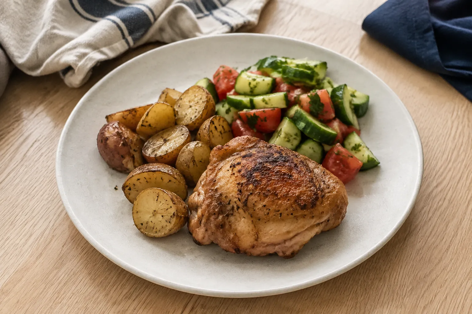 Chicken, potatoes and salad — an example food photo