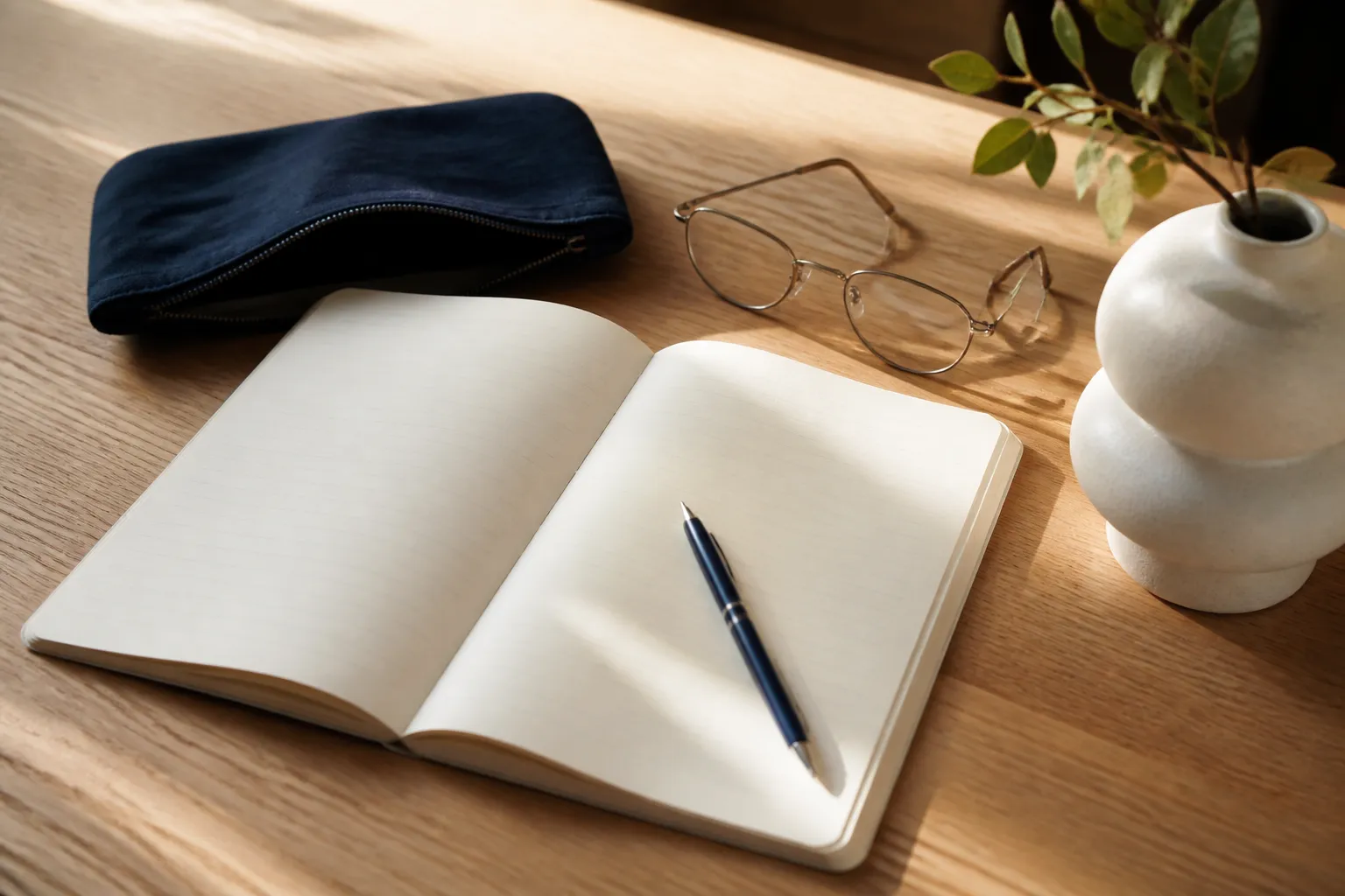 An open notebook and blue pen on a sunlit desk