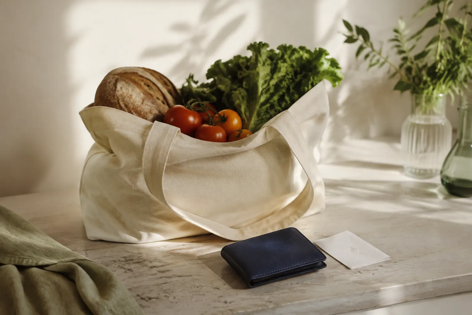 A grocery bag and wallet on a kitchen counter