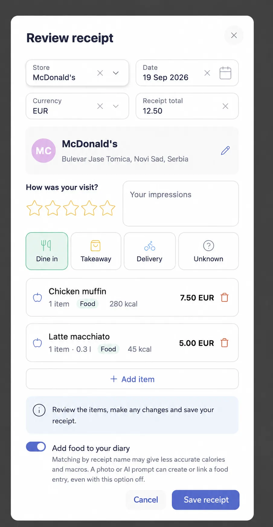 English adaptation of LifeOrg receipt review: purchased items, total, venue and the option to add food to the diary