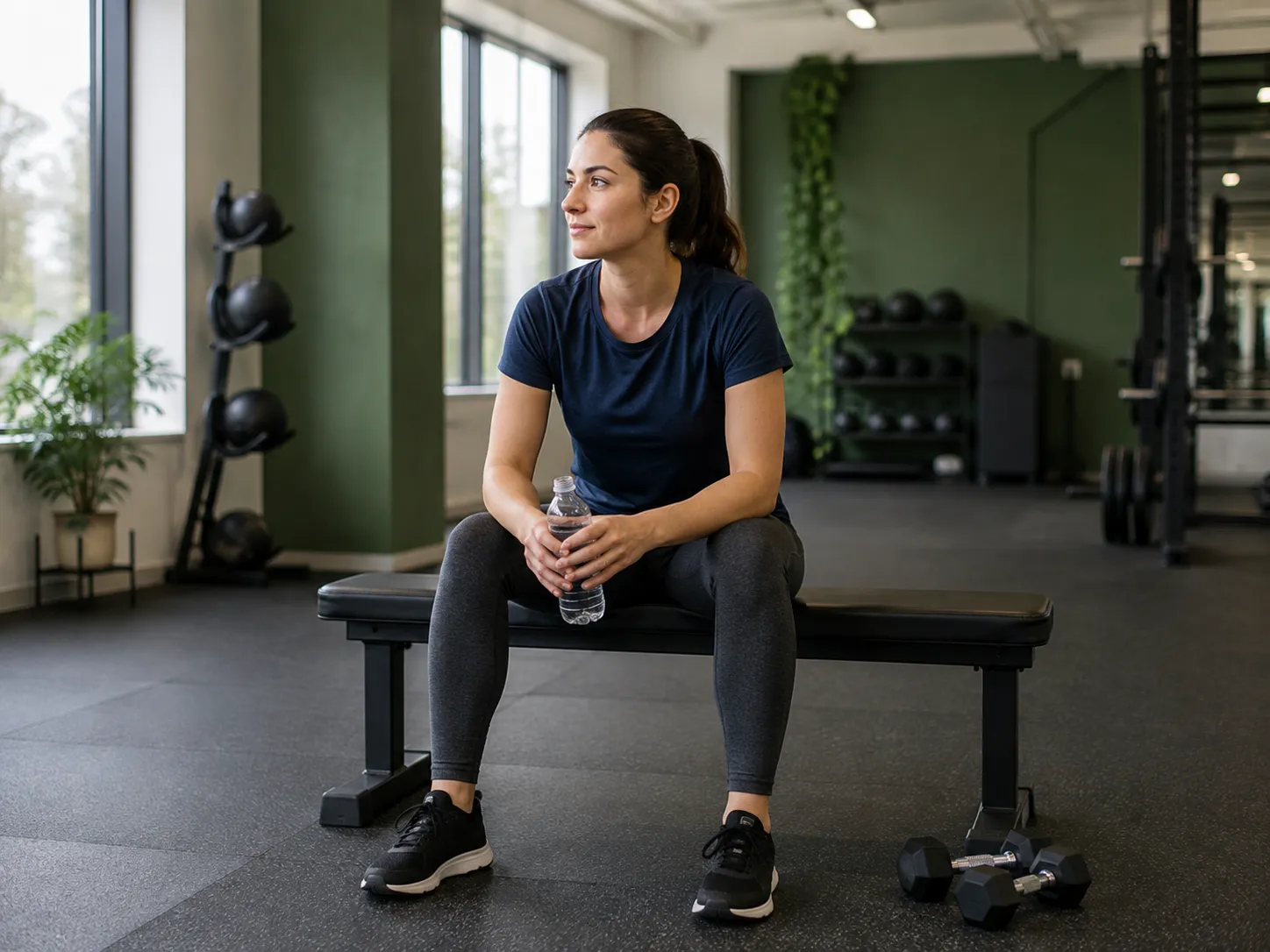 A woman taking a break between exercises on a bench in a naturally lit gym