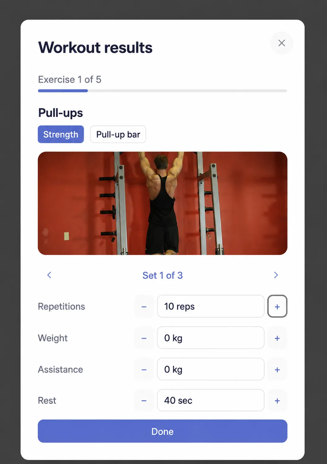English adaptation of LifeOrg workout tracking: pull-ups, set number, repetitions, weight and rest time